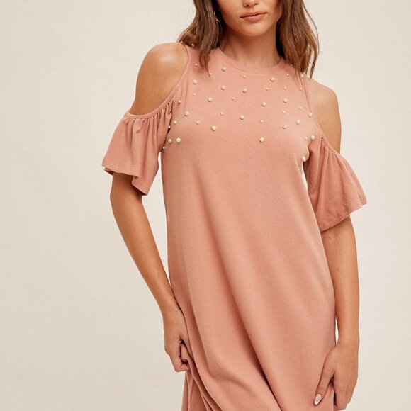 HEM & THREAD Blush Pink Pearl Cold Shoulder Dress Ruffle Sleeve Embellished - Picture 2 of 5